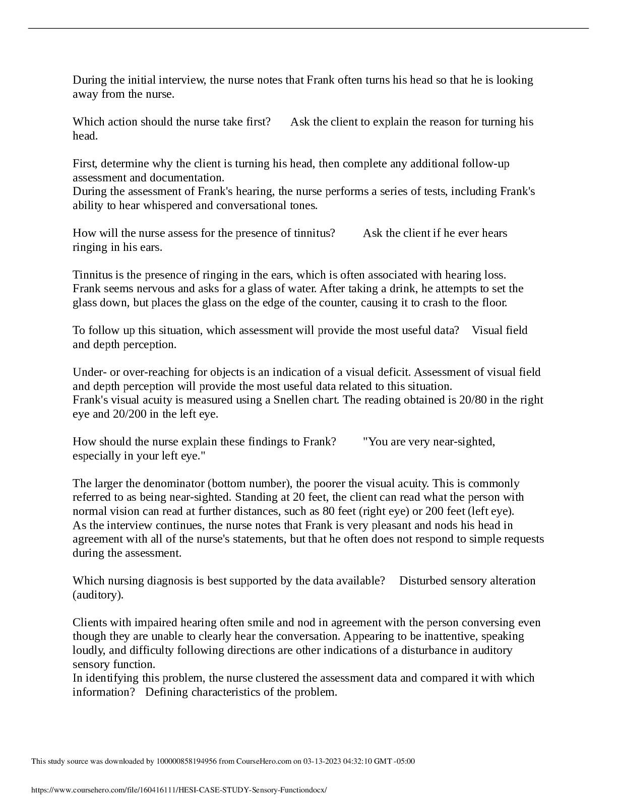 HESI CASE STUDY Sensory Function Browsegrades